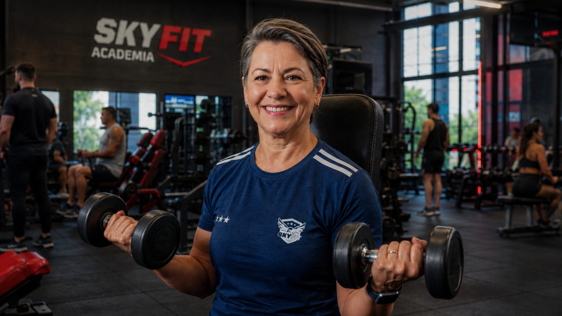 Aluna treinando com halteres na SkyFit